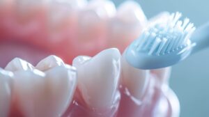 AI generated closeup of white toothbrush next to a set of dentures